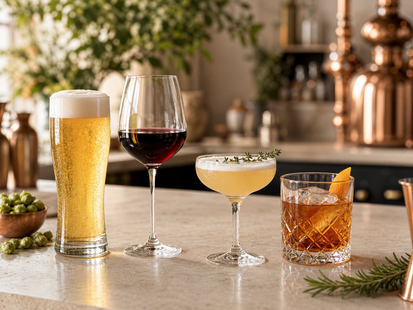 Beer, wine, and cocktails on a light bar