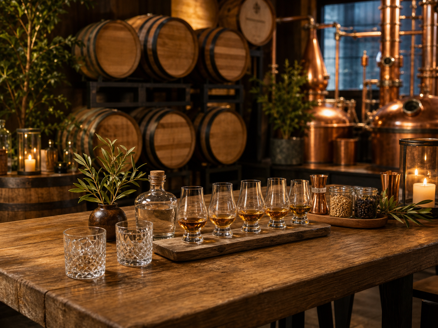 Barrel room tasting setup with glasses and oak barrels