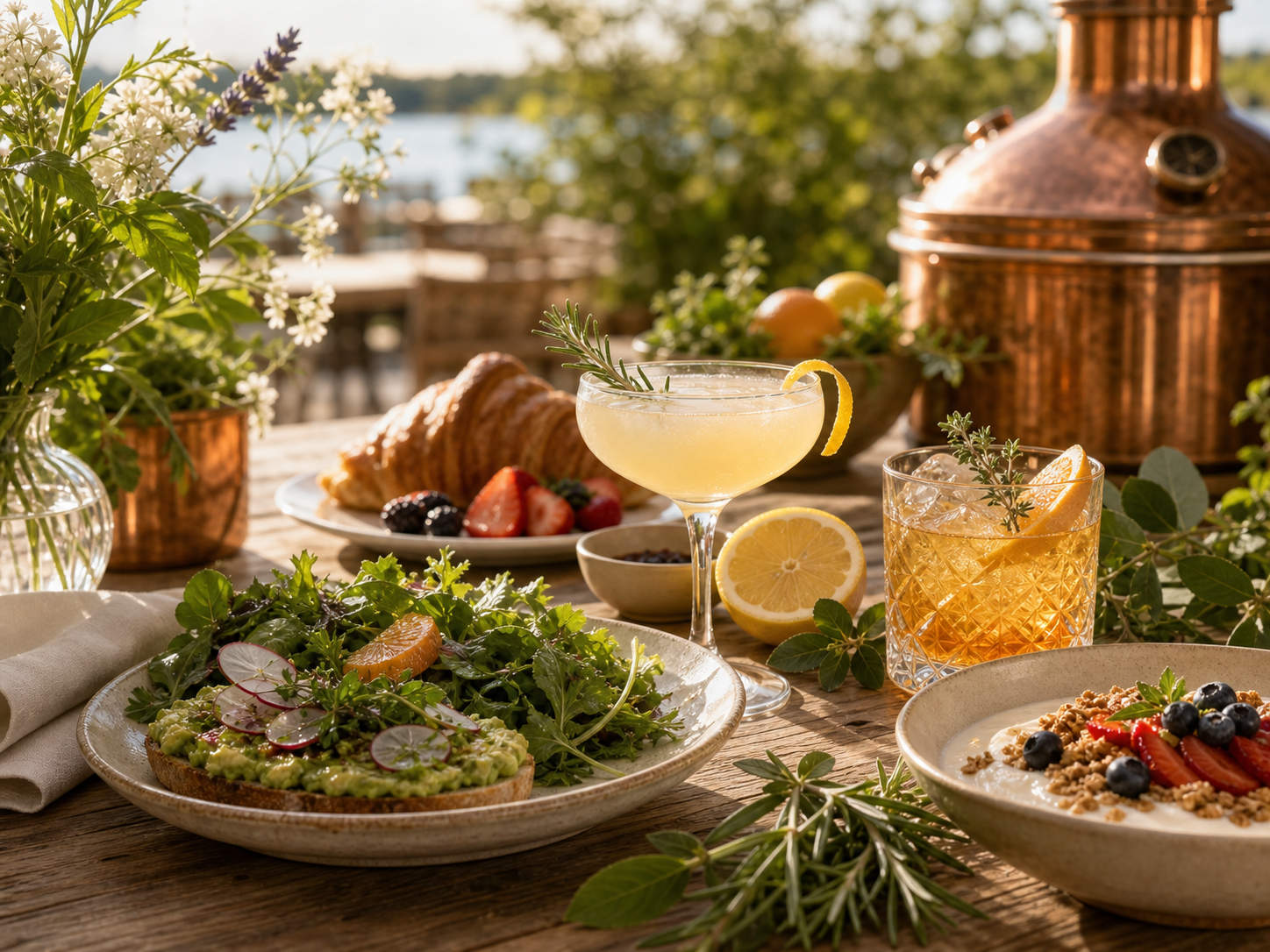 Brunch and botanical cocktail setup on a bright patio table