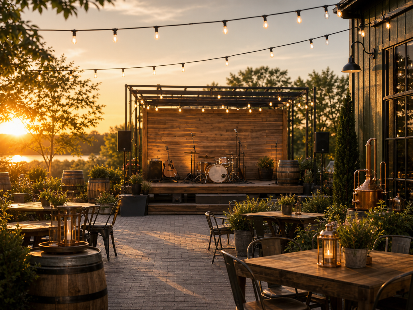 Empty sunset patio stage with string lights at Fieldstone