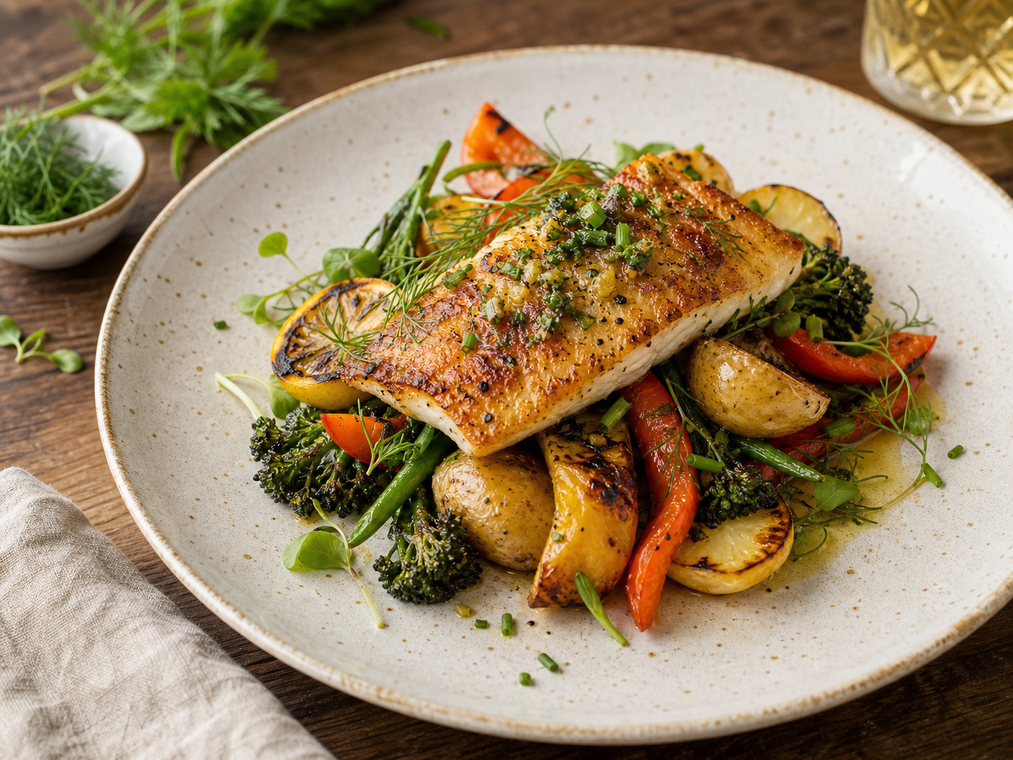 Seasonal entree with vegetables on a ceramic plate