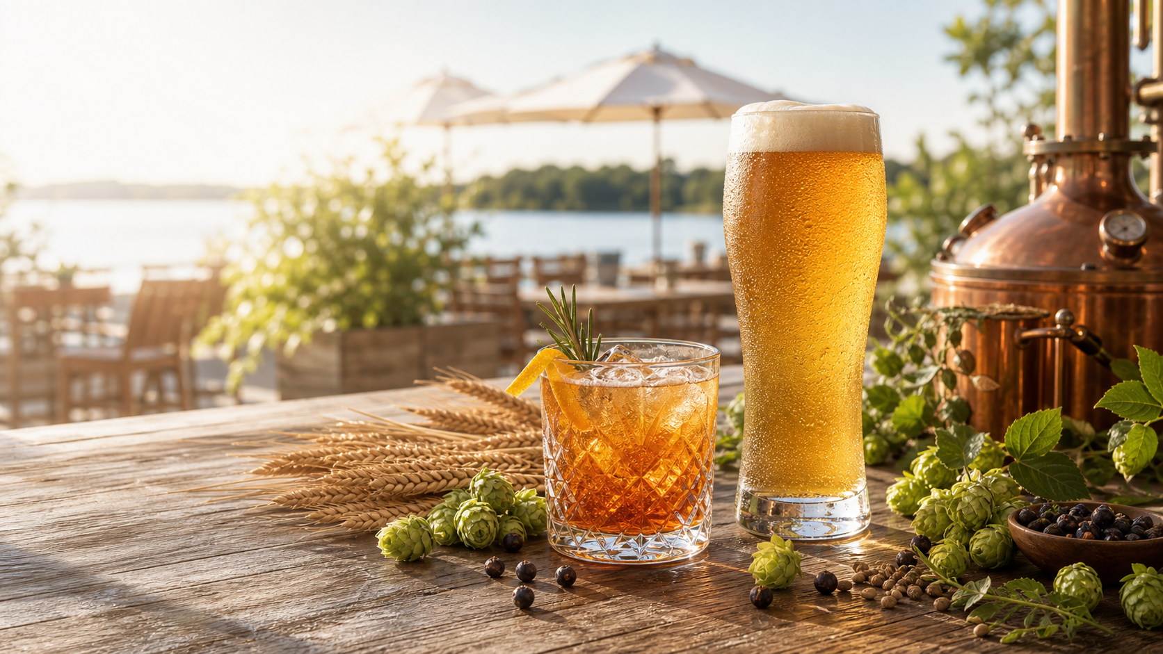 Distillery craft drinks on a sunlit patio table
