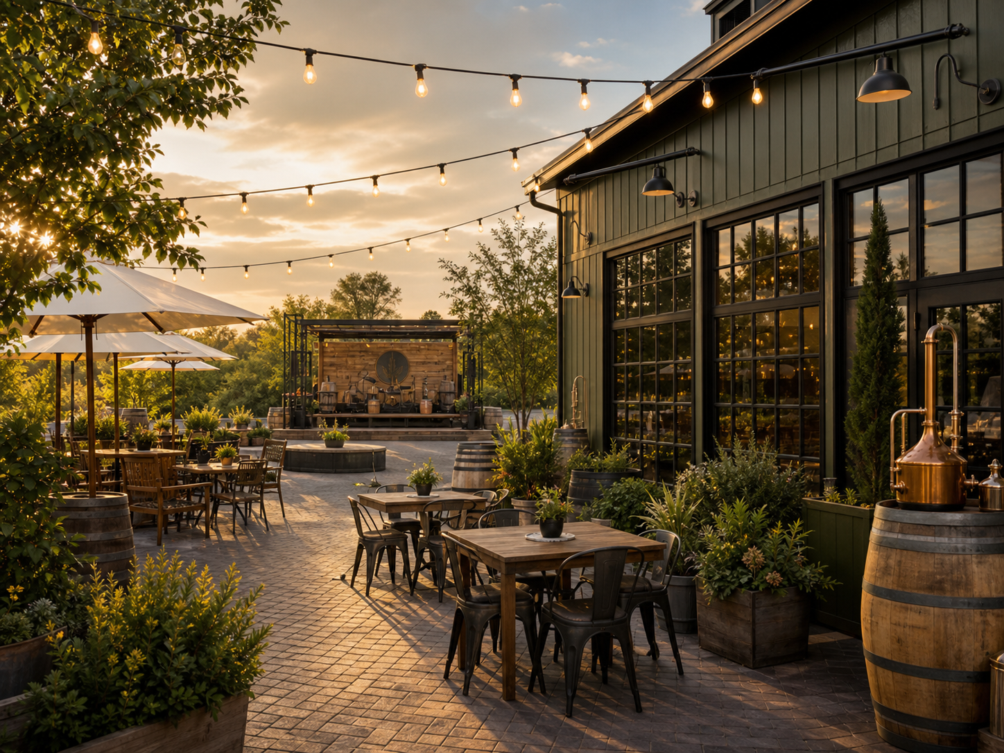 Fieldstone style distillery patio with string lights and tables